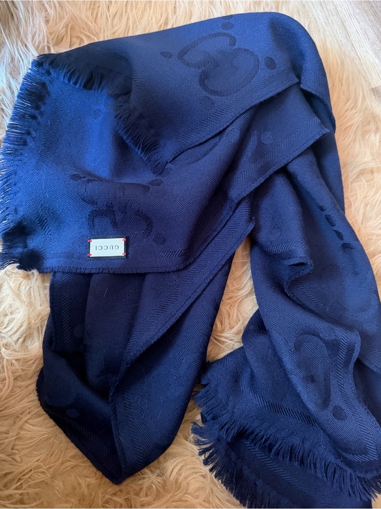 Gucci Accessories - NWOT Gucci Navy Logo Jacquard Fringe Scarf